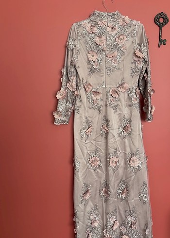 Pembe Nakışlı Dantel Bohem Uzun Abiye Elbise - Görsel 4