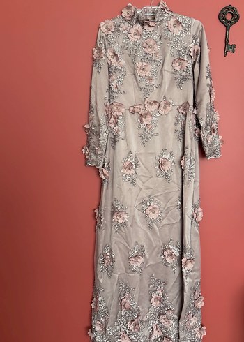 Pembe Nakışlı Dantel Bohem Uzun Abiye Elbise - Görsel 5