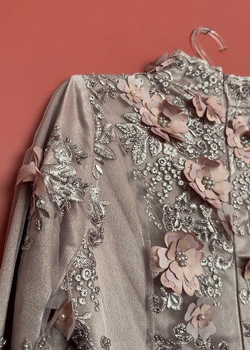 Pembe Nakışlı Dantel Bohem Uzun Abiye Elbise - Görsel 3