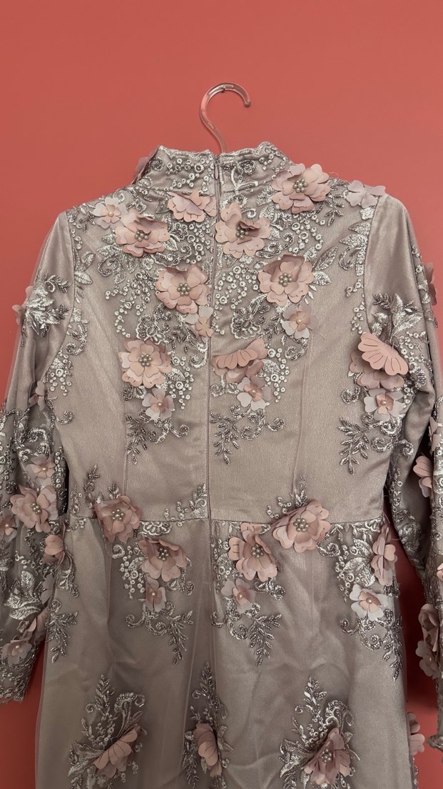 Pembe Nakışlı Dantel Bohem Uzun Abiye Elbise - Görsel 2