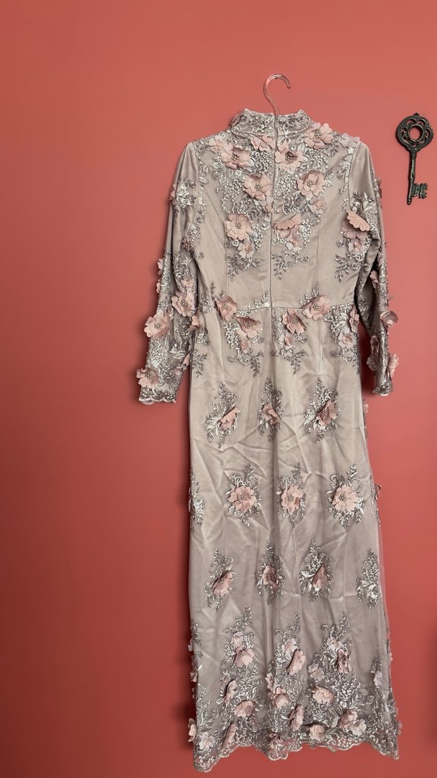 Pembe Nakışlı Dantel Bohem Uzun Abiye Elbise - Görsel 4