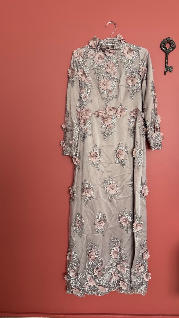 Pembe Nakışlı Dantel Bohem Uzun Abiye Elbise - Görsel 5