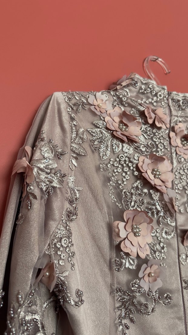 Pembe Nakışlı Dantel Bohem Uzun Abiye Elbise - Görsel 3