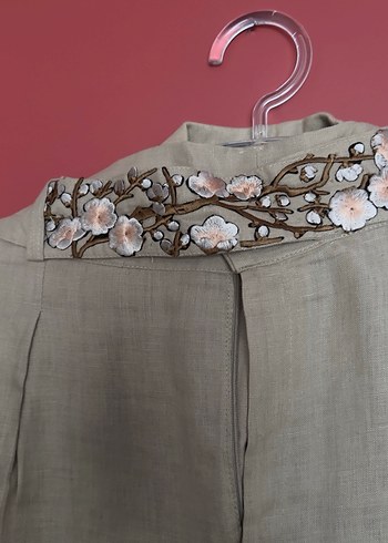 Bej Erkek Keten nakışlı özel dikim takım - Görsel 5