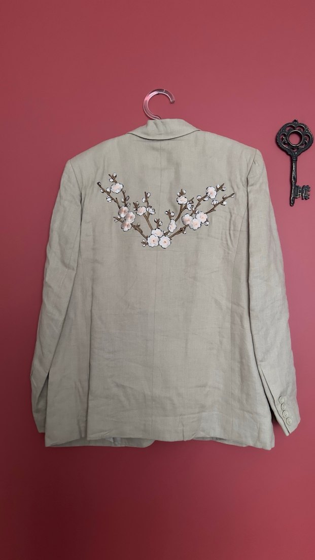 Bej Erkek Keten nakışlı özel dikim takım - Görsel 2