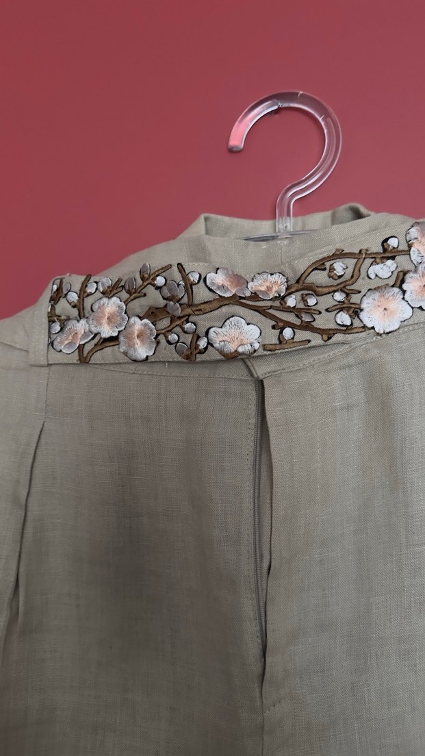 Bej Erkek Keten nakışlı özel dikim takım - Görsel 5