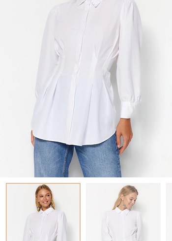 Beyaz Denim Uzun Kollu Kadın Gömlek - Görsel 2