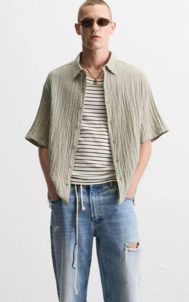 Gri Gofri Erkek Kısa Kollu Gömlek - Görsel 2