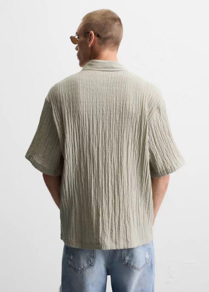 Gri Gofri Erkek Kısa Kollu Gömlek - Görsel 3