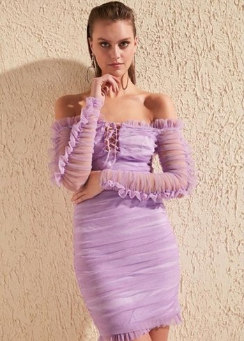 Trendyol & Milla Pastel Mor Drapeli Mini Elbise