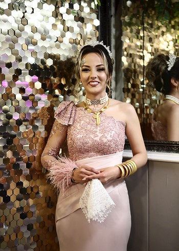 Dantel Detaylı Pudra Pembe Straplez/Yarım Kol Uzun Abiye - Görsel 2