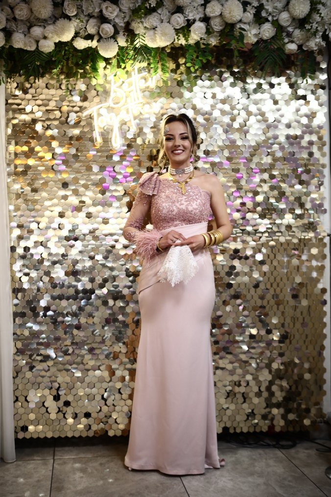 Dantel Detaylı Pudra Pembe Straplez/Yarım Kol Uzun Abiye - Görsel 3