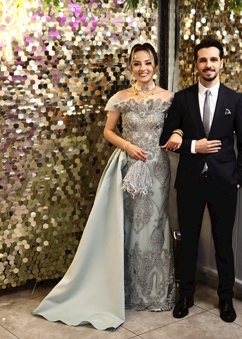 Uzun Mint/Gri Straplez İşlemeli Nişan/Kına Elbisesi - Görsel 5