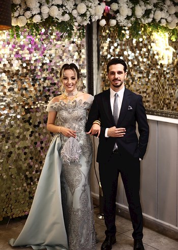 Uzun Mint/Gri Straplez İşlemeli Nişan/Kına Elbisesi - Görsel 6