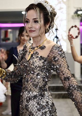 Parlak Gri /Füme Uzun Kollu Payetli Abiye Elbise - Görsel 3