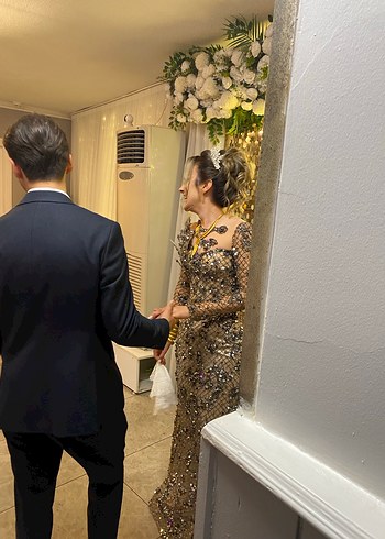 Parlak Gri /Füme Uzun Kollu Payetli Abiye Elbise - Görsel 8