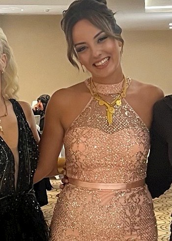 Gold Renkli Taşlı Pudra/Pembe Uzun Abiye Elbise - Görsel 3