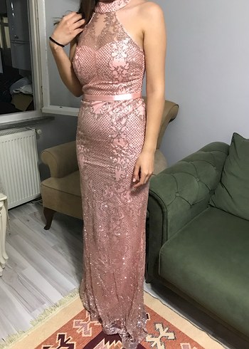 Gold Renkli Taşlı Pudra/Pembe Uzun Abiye Elbise - Görsel 5