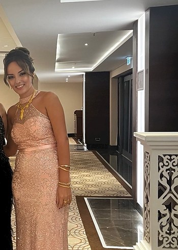 Gold Renkli Taşlı Pudra/Pembe Uzun Abiye Elbise - Görsel 2