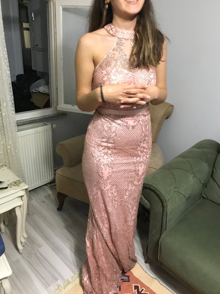 Gold Renkli Taşlı Pudra/Pembe Uzun Abiye Elbise - Görsel 4