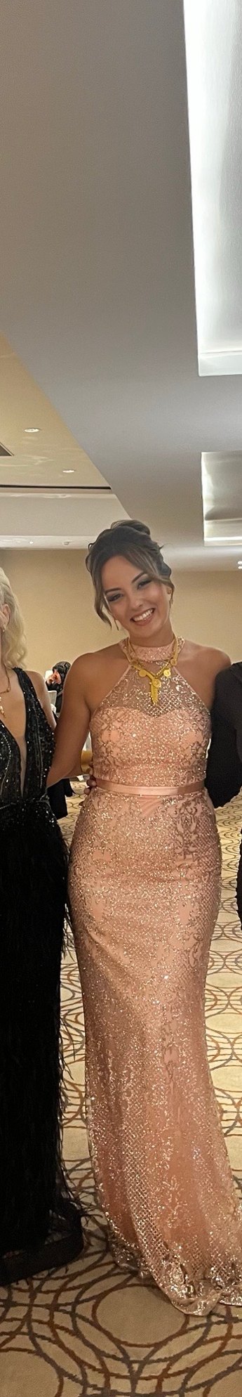 Gold Renkli Taşlı Pudra/Pembe Uzun Abiye Elbise - Görsel 3