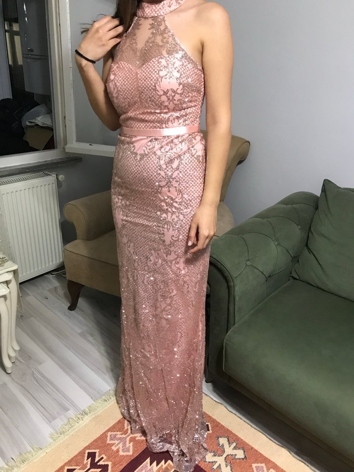 Gold Renkli Taşlı Pudra/Pembe Uzun Abiye Elbise - Görsel 5