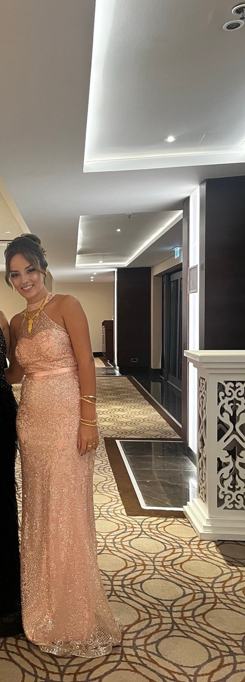 Gold Renkli Taşlı Pudra/Pembe Uzun Abiye Elbise - Görsel 2