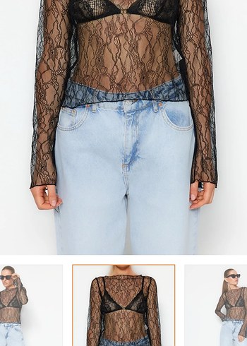 Dantel Detaylı Siyah V Yaka Transparan Bluz - Görsel 2