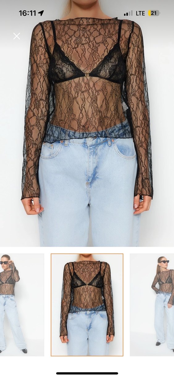Dantel Detaylı Siyah V Yaka Transparan Bluz - Görsel 2