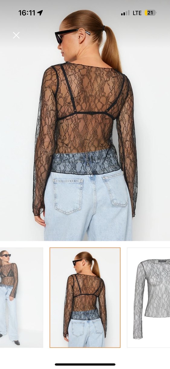 Dantel Detaylı Siyah V Yaka Transparan Bluz - Görsel 3