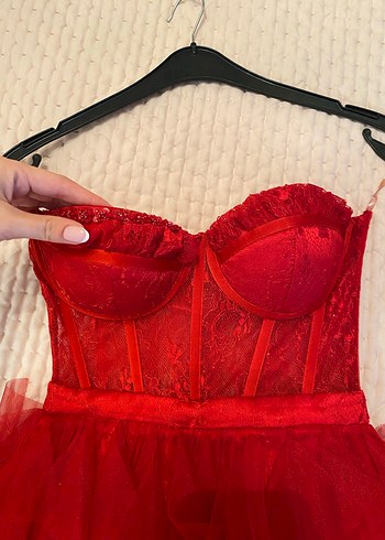 Kırmızı Straplez Uzun Abiye Elbise - Görsel 9