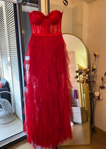 Kırmızı Straplez Uzun Abiye Elbise - Görsel 5