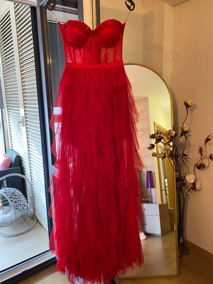 Kırmızı Straplez Uzun Abiye Elbise - Görsel 5