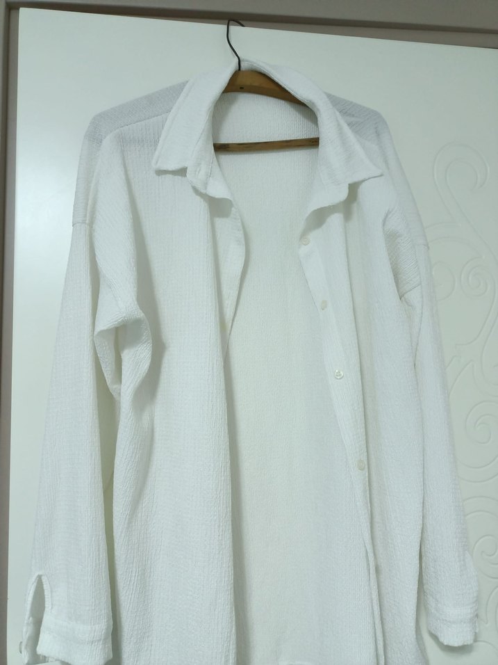 Kadın Beyaz Keten Uzun Kollu Gömlek - Görsel 2