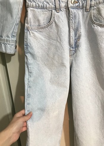 Düğmeli Mavi Kadın Denim Tulum - Görsel 7