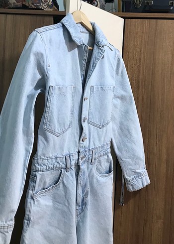 Düğmeli Mavi Kadın Denim Tulum - Görsel 3