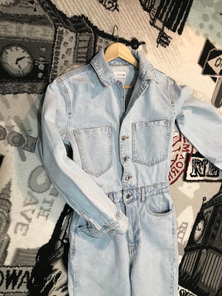 Düğmeli Mavi Kadın Denim Tulum - Görsel 5