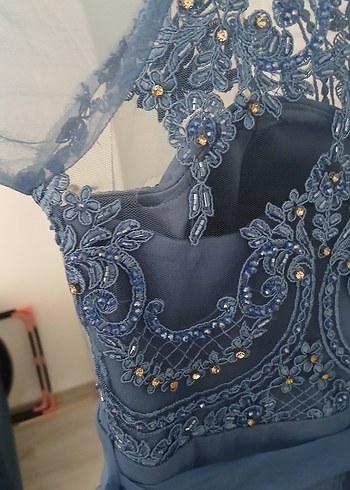 Mavi Nakışlı Uzun Kollu Bohem Kadın Elbise 42 44 beden - Görsel 3