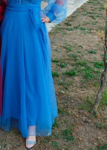 Mavi Nakışlı Uzun Kollu Bohem Kadın Elbise 42 44 beden - Görsel 4