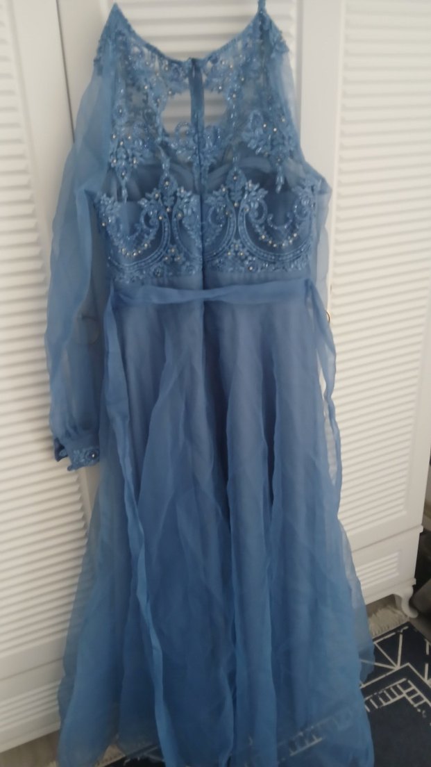 Mavi Nakışlı Uzun Kollu Bohem Kadın Elbise 42 44 beden - Görsel 2