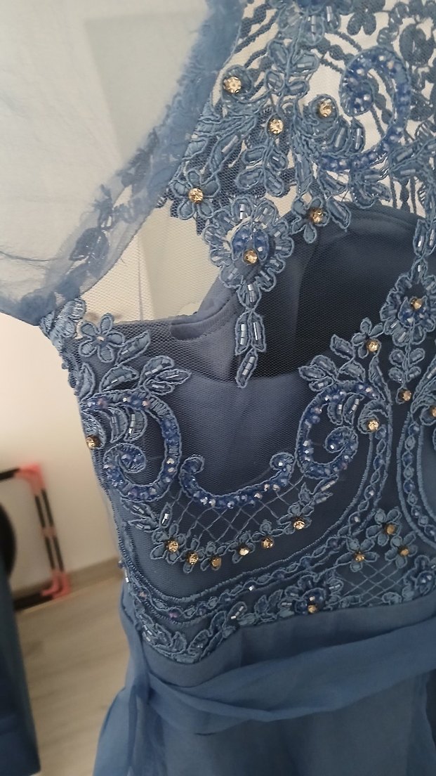 Mavi Nakışlı Uzun Kollu Bohem Kadın Elbise 42 44 beden - Görsel 3