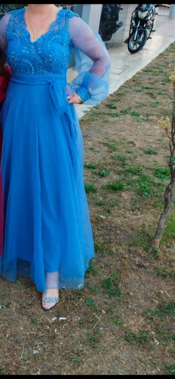 Mavi Nakışlı Uzun Kollu Bohem Kadın Elbise 42 44 beden - Görsel 4