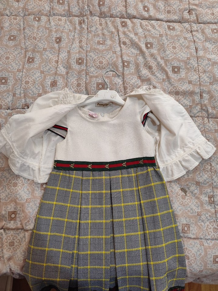 Kız Çocuk Piliseli Ekose Elbise ve İşlemeli Hırka - Görsel 2