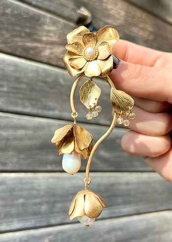 Vintage pirinç ve gerçek inci Uzun Boncuklu earcuff stil küpe