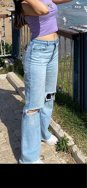 Yırtık wide leg jean