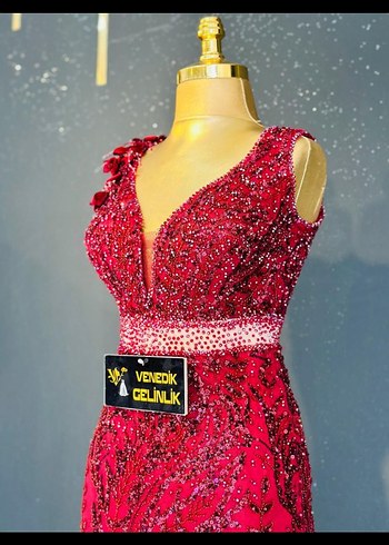 Boncuk İşlemeli Kırmızı Uzun Kadın Abiye - Görsel 4