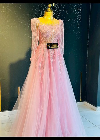 Pembe Payetli Uzun Kollu Vintage Nişan Elbisesi - Görsel 3