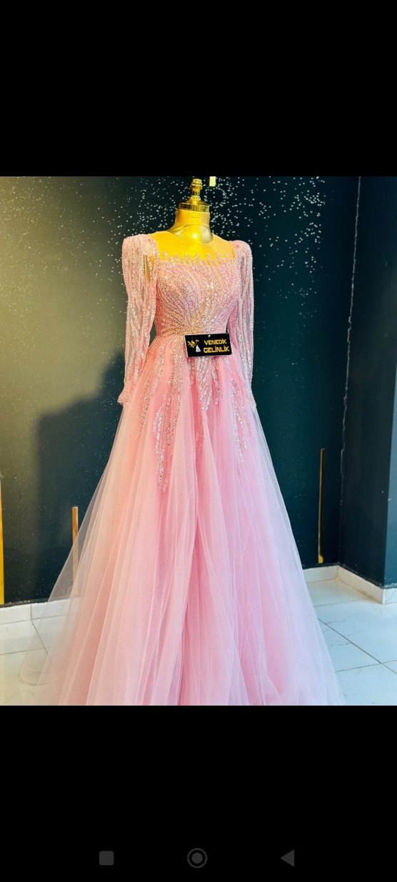 Pembe Payetli Uzun Kollu Vintage Nişan Elbisesi - Görsel 3