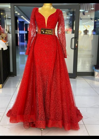 Dantel Detaylı Kırmızı Uzun Abiye Elbise - Görsel 2