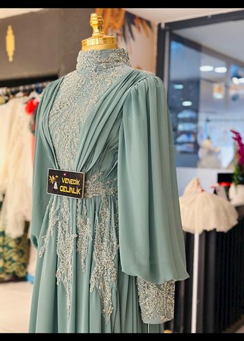 Turkuaz İşlemeli Uzun Kollu Abiye Elbise - Görsel 5